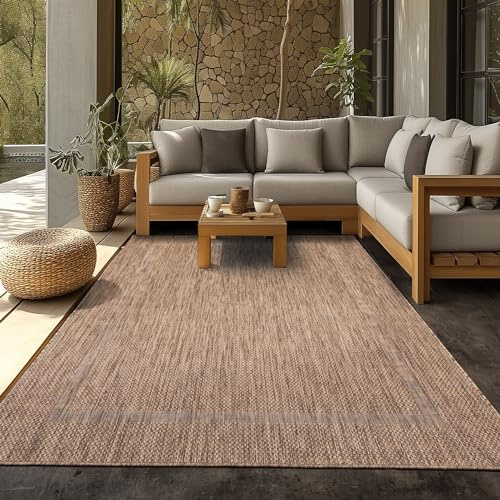 SIMPEX Alfombra Exterior 280x370 cm Marrón Diseño Borde Tejido Plano Resistente al Clima Lavable XXL para Salón Terraza Jardín