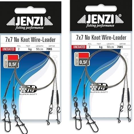 Set: 4 Stück x 7x7 Super-Soft-Stahlvorfach mit Wirbel und knotenlos Verbinder von Jenzi, 6, 9, 12, 15 & 20 Kg, Länge 50 cm + Petri Heil! Aufkleber (6 kg)