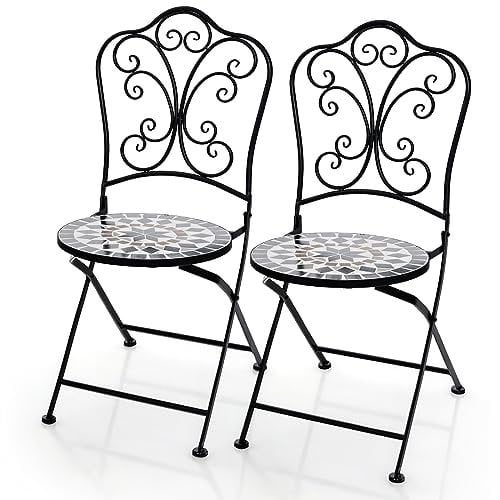 RELAX4LIFE Mosaic Chairs Set of 2, Folding Bistro Chairs with Lattice Seat, Outdoor Metal Dining Chair for Patio, Balcony, Garden and Backyard (Black + Brown, Geometric Pattern)