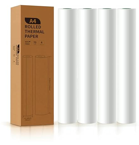 Thermodrucker-Papier, A4, 4 Rollen, 21,1 cm breit, Faxpapier, kompatibel mit PeriPage A40, M08F, MT810 und anderen tragbaren Thermodruckern (4 Rollen, 21,1 x 68 cm)