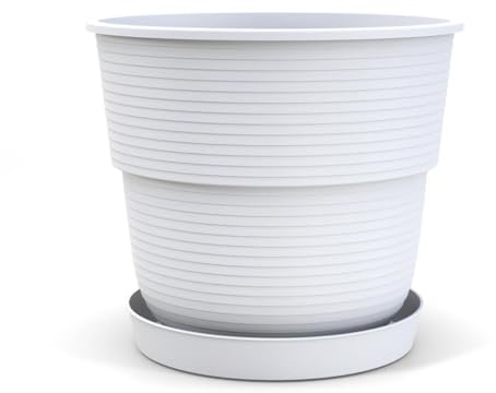 Plastard Blumentopf Milano 32 cm Durchmesser mit passenden Untersetzer Farbe Weiß Übertopf Blumenkübel für Garten Balkon Terrasse Pflanztopf
