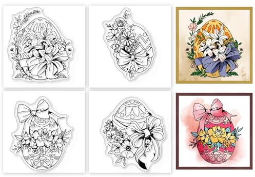 GLOBLELAND 4 Stück Transparente Mini Ostereier Stempel Fröhliche Ostern Transparente Stempel Florale Eier Transparente Stempel Blumenschleifen Eier Transparente Stempel 2.2x2.2inch