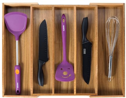 Utoplike Organizador de cajones de cocina de Acacia, expandible, bandeja grande para utensilios y cubiertos, divisor ajustable para cuchillos y cubiertos