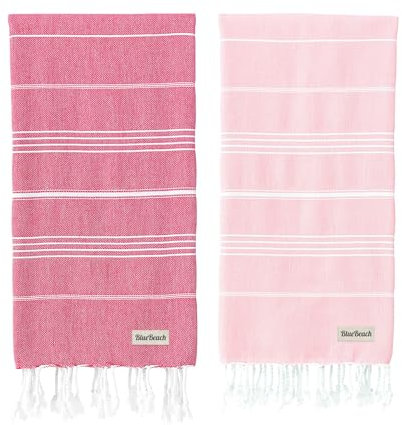 Blue Beach Turkish Towel - Set of 2-100x180cm Large Turkish Hammam Peshtemal Towel - Super Absorbent, Quick Dry, Lightweight, Compact Towels for Swimming, Bath, Gym and Travel (Pink + Fucshia)