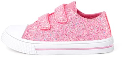 Kids Canvas Trainers, Girls Easy Fasten Shoes Size 9, Pink Glitter