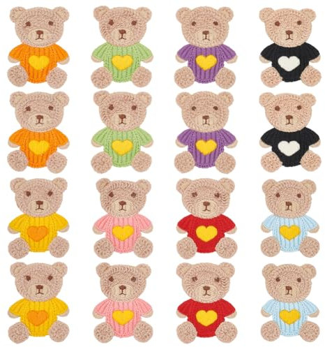 FINGERINSPIRE 16 Pcs Little Bear Crochet Knitted Cloth Patch 8 Colors Crochet Bear Applique Patches Cartoon Bear Pattern Sew On Patches Repair Patch for Jackets Dress Clothes Bags DIY Accessories
