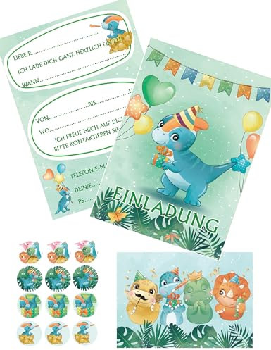Olanstar 12 Stück Kindergeburtstag Einladungskarten für Jungen Charmante Dinosaurier-Thema Geburtstagseinladungen Inklusive 12 Umschläge Premium Qualität