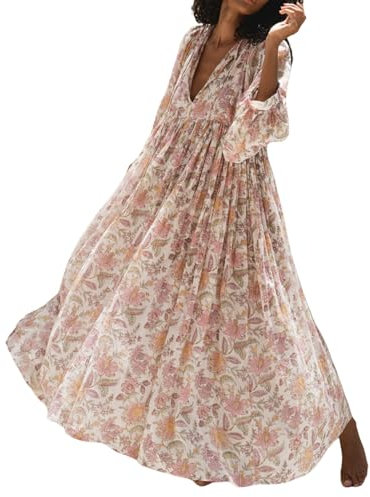 Women's Deep V Neck Puff 3/4 Sleeve Long Dress High Waist Floral Print A Line Midi Dresses Smocked Ruffle Flowy Casual Dress (Ivory White, M)