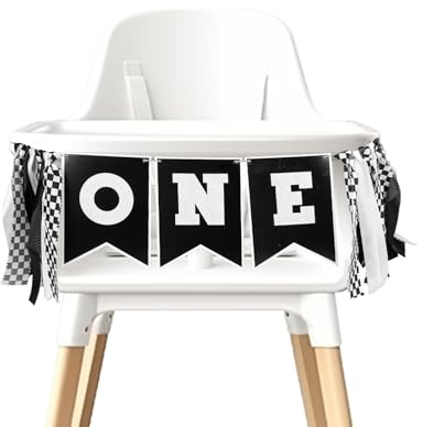 Hochstuhl Banner zum 1. Geburtstag, Schwarz-Weißes Hochstuhl Quastenbanner Geburtstagsdekorationsbanner mit Kariertem Thema für Kinder Rennwagen Dekoration zum 1. Geburtstag