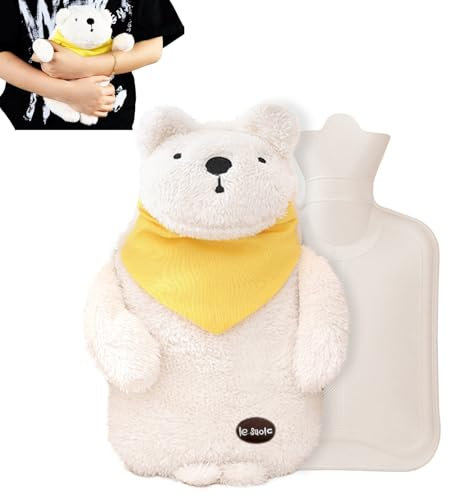 MHwan Bolsa Agua Caliente, Bolsa de Agua Caliente con Oso de Peluche Lindo y Esponjoso de 1L, Hot Water Bottle Segura, a Prueba de Fugas y Explosiones, Extraíble Para Su Limpieza