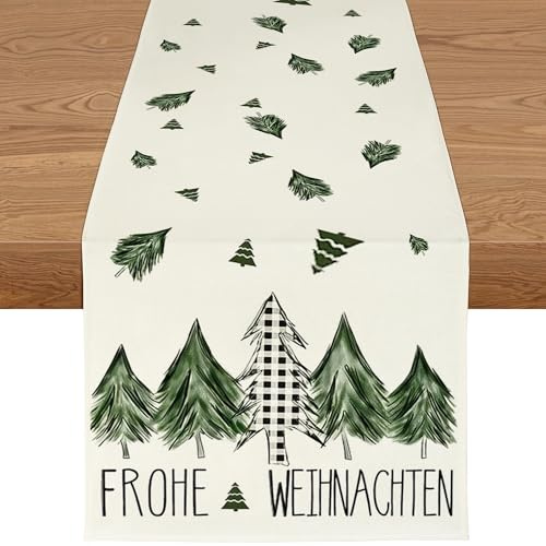 YCOLL Tischläufer Weihnachten Wasserabweisender Tischläufer in Grün, Modernes Weihnachtstischläufer Winter Weihnachtsdeko für Esstisch, Küche & Outdoor Deko