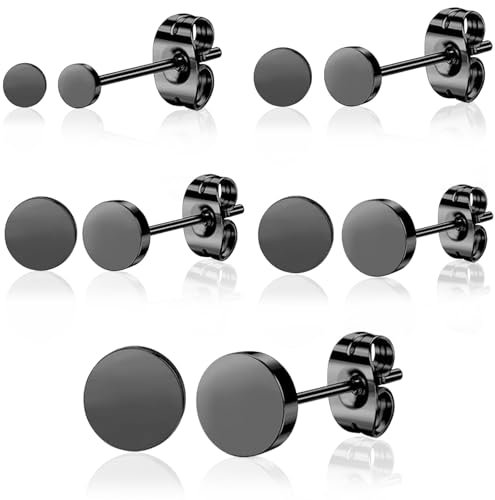 Xinlon 5 Paare Ohrstecker Schwarz für Damen Herren Mädchen, Titanium Ohrstecker Hypoallergen, Ohrstecker Runde Scheibe Ohrringe, Titan Ohrringe Damen für Empfindliche Ohren 2/3/4/5/6mm