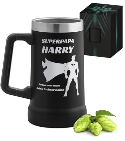 Maverton Isolierter Bierkrug mit Gravur 700 ml Schwarz - Thermo Bierglas Edelstahl - Vatertagsgeschenk für Papa - Geschenke für Männer - Personalisierte Geschenke Männer