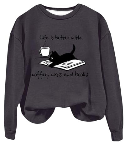 My Orders UK My Recent Orders Sweatshirts for Women UK Oversized Coffee Cat And Book Print Women's Hooded Sweatshirt Crew Neck Pullover Fun Christmas Overstock Sale Clearance (Black, M)