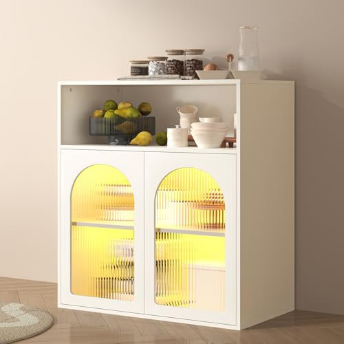 Zepneiy Buffet, Meuble de Rangement avec Portes vitrées et lumières LED, Meuble en Bois sur Pied, pour Cuisine-séjour, Blanc, 70 x 35 x 90 cm