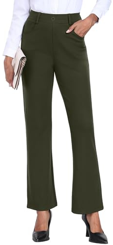 GRECERELLE Pantalon pour femme extensible Pantalon de bureau Pantalon de yoga Taille élastique Pantalon droit décontracté Pantalon de travail pour femme UK Pantalon de yoga avec poches, vert militaire
