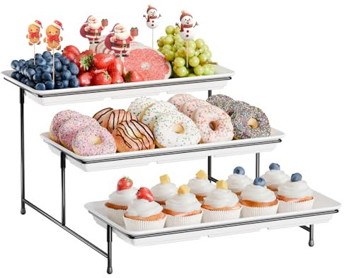 3-Tier Melamine Serving Tray Set, 36cm*18cm Platters for Serving Food, White Reusable Trays with Black Metal Display Stand for Cupcakes, Sevring Food, Dessert, Fruit, Cookie, Black