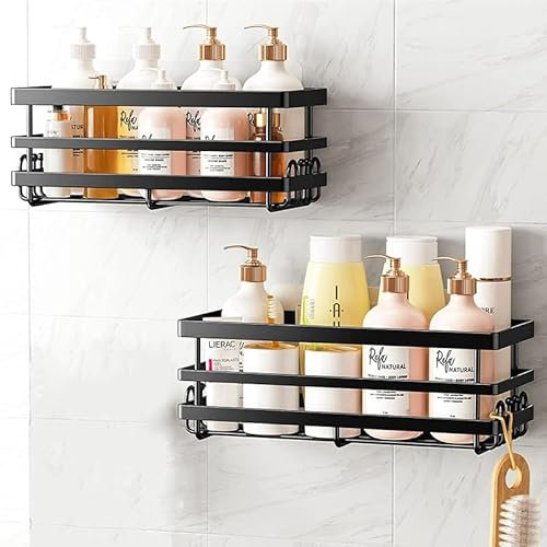 XINGDOZ 2 stück Duschablage Ohne Bohren Badezimmer Organizer Schwarz, Badregal Duschregal, Duschhalterung Innenorganisation und Aufbewahrungsdekor für die Wand und im Landhausstil, Wohnmobilzubehör