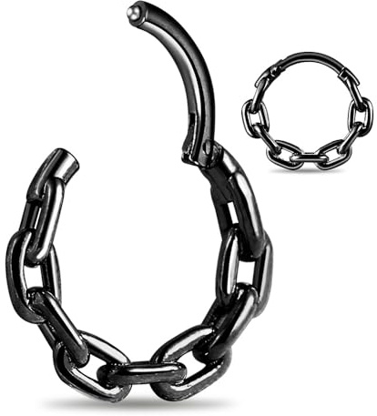 Twolobes Septumringe mit Kette, 16 g (8 mm, 10 mm, 12 mm), Nasenring, zierliche Helix-Daith-Ohrringe für Herren/Damen, 316L Edelstahl, Daith-Piercing-Schmuck, Silber, Gold, Schwarz, Edelstahl
