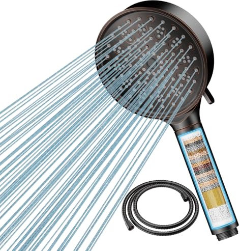 Cobbe Soffione Doccia con Filtro a 20 Fasi, Soffione Anticalcare con Tubo da 1,5M, Soffione Doccia ad Alta Pressione e Risparmio Idrico con 6 Tipi di Getti, Strofinare Bronzo