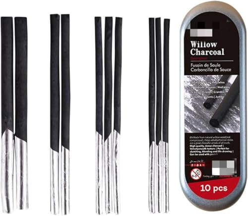 Zwenjuan Zeichenkohle Set,10 Stück Kohlestift Zeichenkohlestab in Schwarz,Charcoal Sticks,Willow Sketch Kohlestifte,Sketch Charcoal Pencils,Weidenkohle für Skizzieren Zeichnen Kunst (5mm,6mm,7mm,9mm)