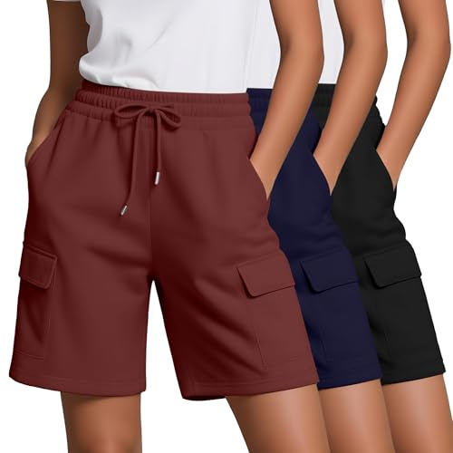 Neer Lot de 3 Shorts Cargo pour Femme - Taille élastique avec Cordon de Serrage - Longueur Genou - Short de Yoga décontracté avec Poches Cargo | Short cargo long pour femme, short de survêtement athlétique décontracté longueur genou, short d'été en coton