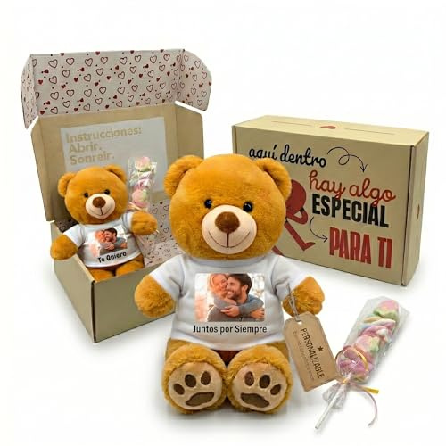 Peluchilandia Peluche Personalizado con Foto y Mensaje en Cajita Regalo | Osito para Mujer, Hombre o Pareja | Detalle Original Cumpleaños y Aniversario | Pack listo para Regalar