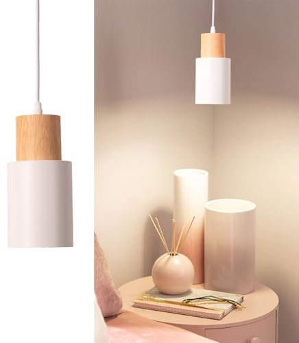 Alpinaluz Hängeleuchte – nordischer minimalistischer Stil – zylindrischer Lampenschirm Ø 10 cm aus weiß lackiertem Stahl mit Naturholzdetails – E27-Fassung für Küche, Esszimmer und Schlafzimmer