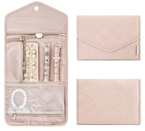 Resesmyckesorganisatorfodral Vikbar smyckesrulle for rese-ringar, halsband, örhängen, armband, broscher, hårnål, armbandsur, mini /302(Pink)