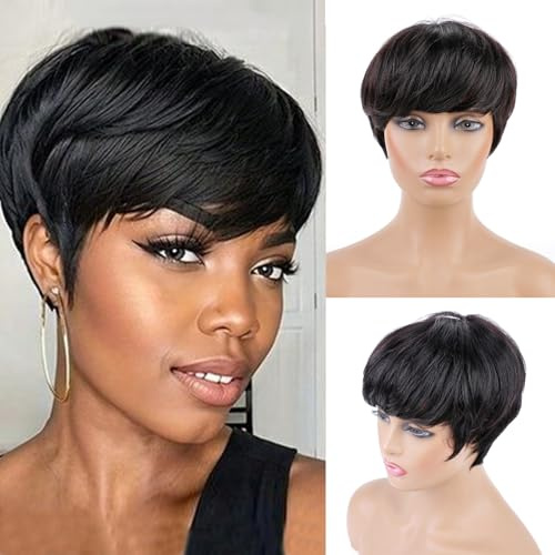 Huarisi Short Layered Pixie Cut Wig with Bangs Human Hair for Black Women Glueless Bob Wigs None Lace Natural Black Straight Breathable Daily Use 1B