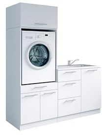 Laundreezy Waschraum Komplett-Set, Weiß - Modulares Schranksystem für Waschküche & Hauswirtschaftsraum - 168 x 200 x 68 cm (B/H/T)