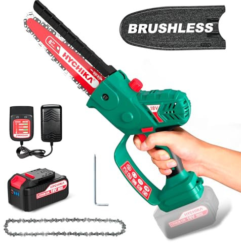 HYCHIKA Mini Chainsaw Cordless, 8 Inch Brushless Electric Chainsaw, 18 V Battery Powered Chain Saw with Oiler, 4000 mAh Battery, Hand Chiansaw for Tree, Garden, Wood Cutting, Gifts for Men Women