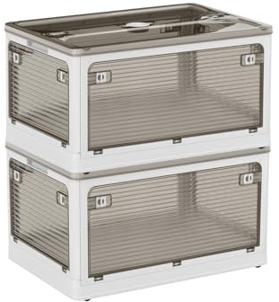 Roqao 2 Stück Aufbewahrungsboxen mit Deckel, 100L (48 x 36 x 55.5 cm) Faltbare Stapelboxen mit Rollen, Zusammenklappbare 5-Türen Plastik Eurobox für Wohnzimmer Küche Lebensmittel, Weiss
