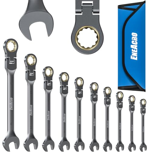 ENEACRO Jeu de clé plate à cliquet, Jeu de clés à tête flexible antidérapante 10 pièces, métrique 8-19mm, 72 dents, Chrome Vanadium, nickelé avec Sac de Rangement