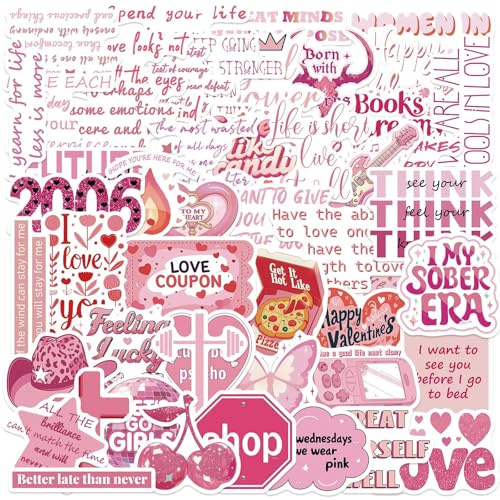 50 Pcs Pink Love Stickers, Romantic Quotes Aesthetic Stickers, Waterproof Vinyl Decals for Laptop, Scrapbook, Phone, Luggage, Skateboard, Computer, Bottles, Bicycle