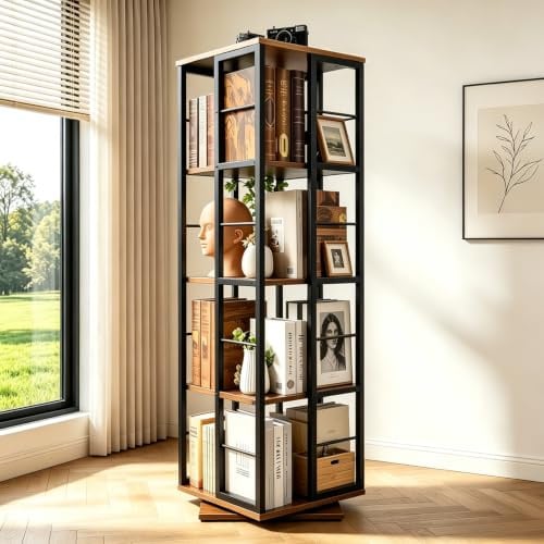 Bücherregal Drehbar, 360°Drehbares Bücherregal, Bücherregale Holz, Rotating Bookshelf 5 Ebenen, Bücherschrank Platzsparend, Drehregal Bücher für Wohnzimmer, Schlafzimmer, Arbeitszimmer (Schwarz)
