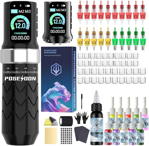 POSEIDON Cordless Tattoo Machine Kit with 7 Stroke Settings, Two 2300mAh Batteries, Normal/Dot Modes & LED Display - Professional Portable Tattoo Pen Gun Set for Beginners | Complete Starter Supplies
