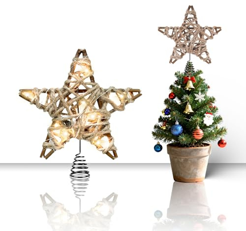 Christbaumspitze Retro-Geflechtstern mit Beleuchtung, Landhaus-Weihnachtsdekor, Mini-Rustikalstern 6 Inch mit 6-Stunden-Timer, Beleuchteter Weihnachtsbaumschmuck für Weihnachtsbäume, Feste & Feiern