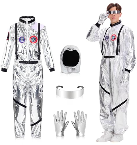 YQBFB Astronaut Kostüm Herren Karneval: Silbernes Spaceman Overall Set mit Helm & Handschuhen für Fasching Halloween und Mottopartys