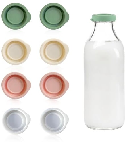 Raheem 8 Pcs Milk Bottle Tops, 48mm Reusable Silicone Lids for UK One Pint Glass Milk Bottles, Leakproof & Dishwasher Safe Caps for Stanpac & Libbey, 4 Colors (Green, Pink, Off-White, White)