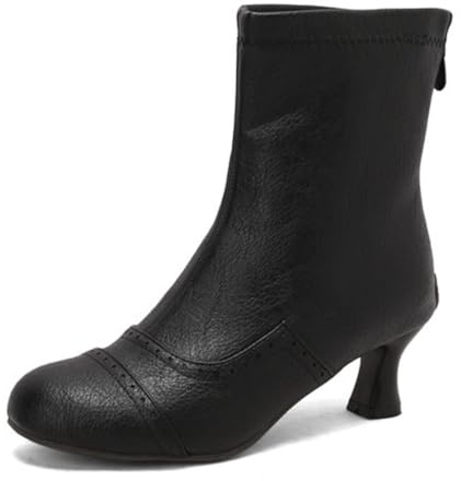 Eestfy Stivali al Polpaccio Vintage Donna in Pelle Forata Tacco Kitten in Legno retrò Casual Autunno Scarpe da Lavoro,Nero,40 EU