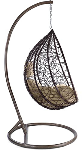 Luxus Hängesessel Miami XL Polyrattan mit Korb und Gestell braun Kissen beige