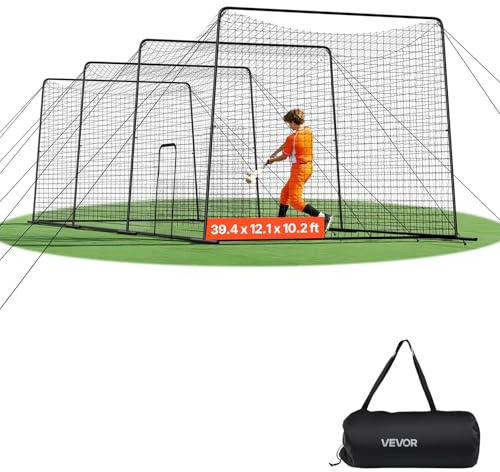 VEVOR Baseball Batting Cage, 39.4 x 12.1 x 10.2 FT Carbon Steel Portable Batting Cage, Hitting Cages with 45-Ply Knotted HDPE & Long Positioning Ropes, Battings Cages Netting for Indoor Outdoor