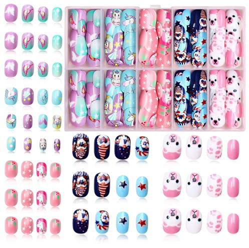 120Pcs Kids Stick on Nails, Cute Press on Nails with Unicorn Joker Design, Colorful Full Cover Short Fake Nails for Kids, Women Girls DIY Manicure Party Gifts (Colorful)