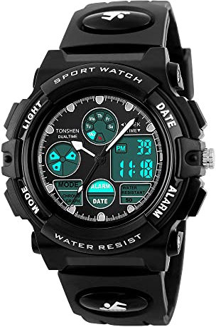 TONSHEN LED Digitaluhr Analog Quarzuhr Doppel Zeit 50M Wasserdicht Uhr Outdoor Militär Tactical Sport Uhren Plastik Lünette mit Silikon Band Neutral Armbanduhr (Schwarz)