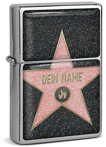 PhotoFancy® - Sturmfeuerzeug Set mit eigenem Namen Bedrucken Lassen - Design Walk of Fame - Benzinfeuerzeug mit Doming-Druck inkl. Metall-Geschenkdose