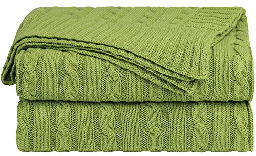 sourcing map Cotton Cable Knit Throw Blanket Soft Throw Couch Covers Knitted Blankets for Sofa Bed, Yellow-Green Throw(47 x 70)