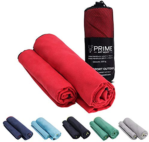 PRIME ART WOOD Mikrofaser Handtücher 2er Set Groß (200x100cm + 80x40cm), Schnelltrocknend, Saugstark, Super Weich, Reisehandtuch, Sporthandtuch, Badetuch (Rot)