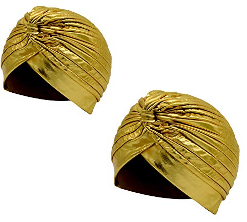 Packung mit 2 plissierten Turban-Hüte Indischer Hut Arabischer Sonnenhut mit Sonnenturban Kapuze Vintage Festival Einfarbig Unisex (Gold x 2, Einheitsgröße)