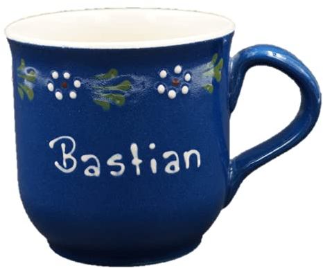 Carstens Keramik® Namenstasse Bunzlau Blau Blumenkante, handgefertigt und bemalt, 240 ml, Tasse mit Wunschnamen